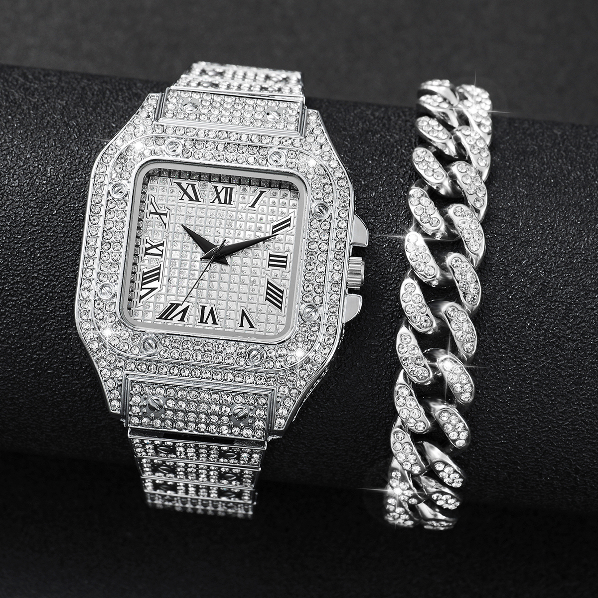 Luxury Watch Diamond - 2PCS Iced Out Square Watch &