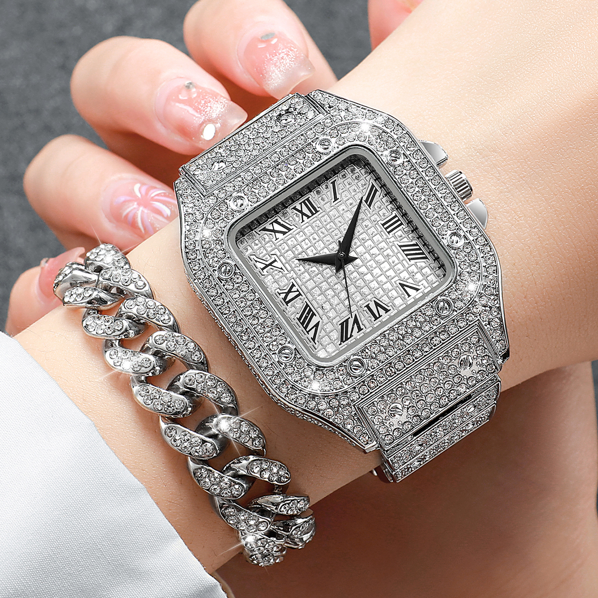 2PCS Iced Out Square Watch & C - Luxury Watch Diamond 评论和价格