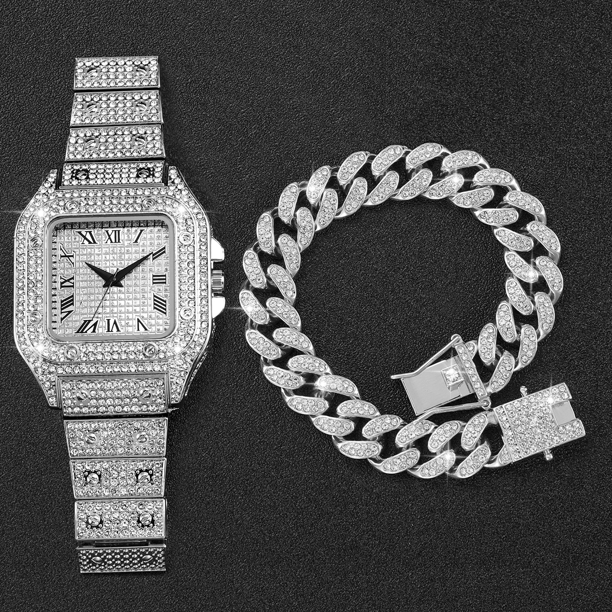 2PCS Iced Out Square Watch & C - Luxury Watch Diamond 评论和价格