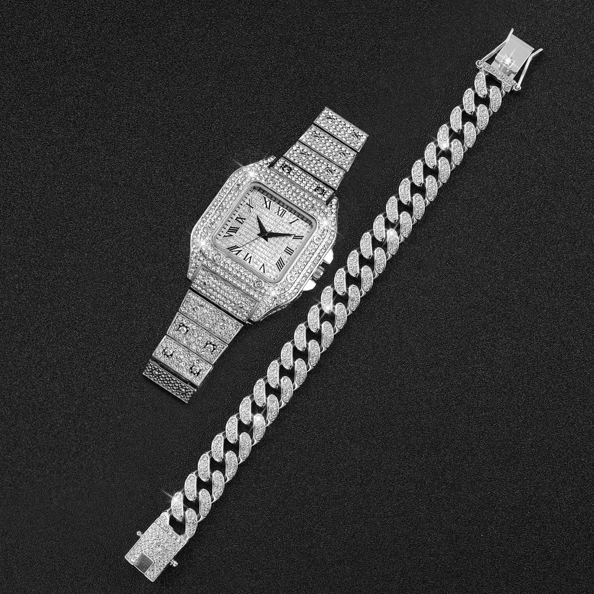 2PCS Iced Out Square Watch & C - Luxury Watch Diamond 评论和价格